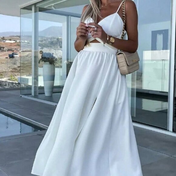 White Preppy Women's Solid Color Sleeveless Split Dress - Picture 3 of 4